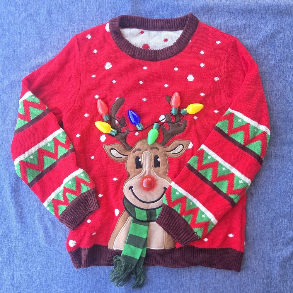 Ugly Sweater XL Red Green Brown Holiday Christmas Reindeer LED Lights Men/Women